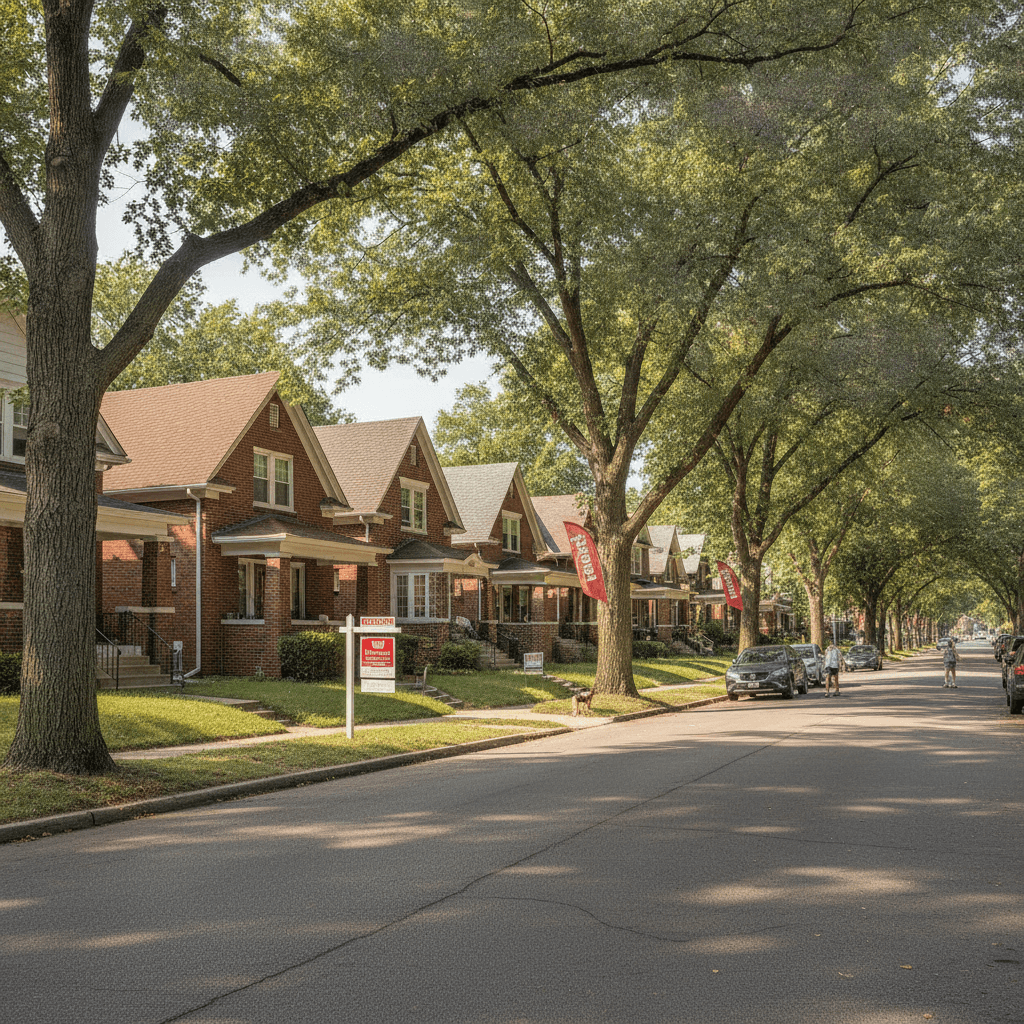 A realistic photo of a residential street in Cleveland, Ohio, with a mix of older homes and a few 'For Sale' signs vi…