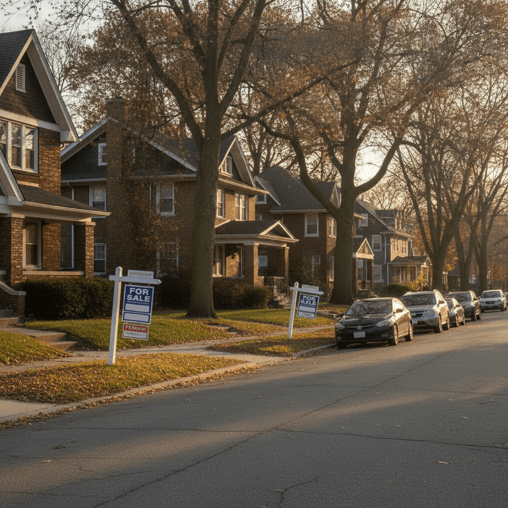 A realistic photo of a residential street in Cleveland, Ohio, with a mix of older homes and a few 'For Sale' signs in…
