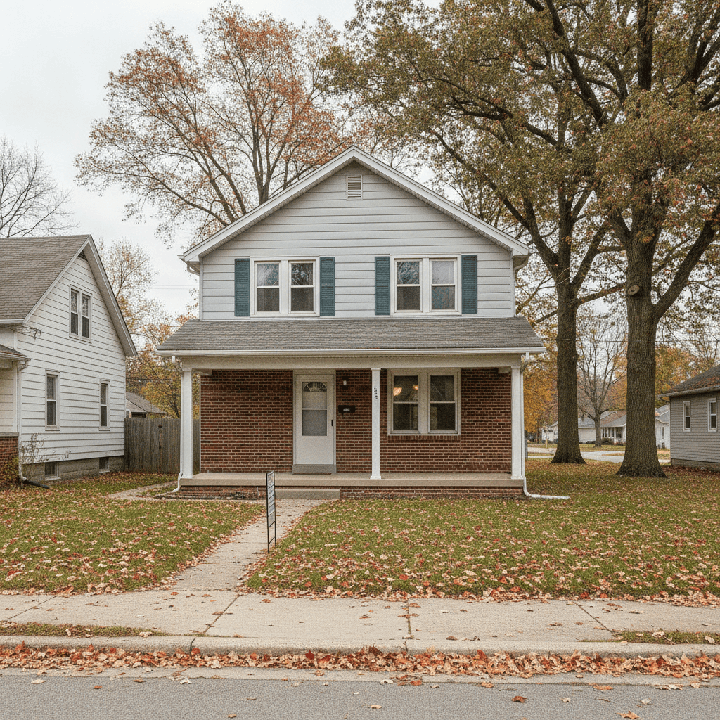A realistic photo of a modest two-story Cleveland-style home with a 'For Sale' sign in the front yard on an overcast…