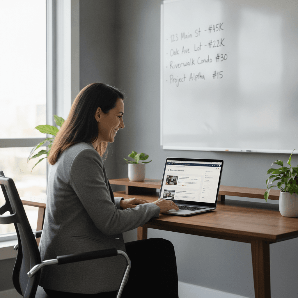 A real estate wholesaler sitting at a desk, smiling while looking at a laptop screen showing the Connected Investors…