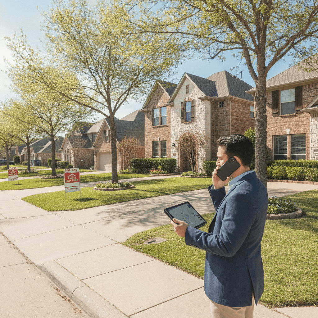 A realistic photo of a suburban Dallas–Fort Worth neighborhood with 'For Sale' signs in front of several homes, taken…