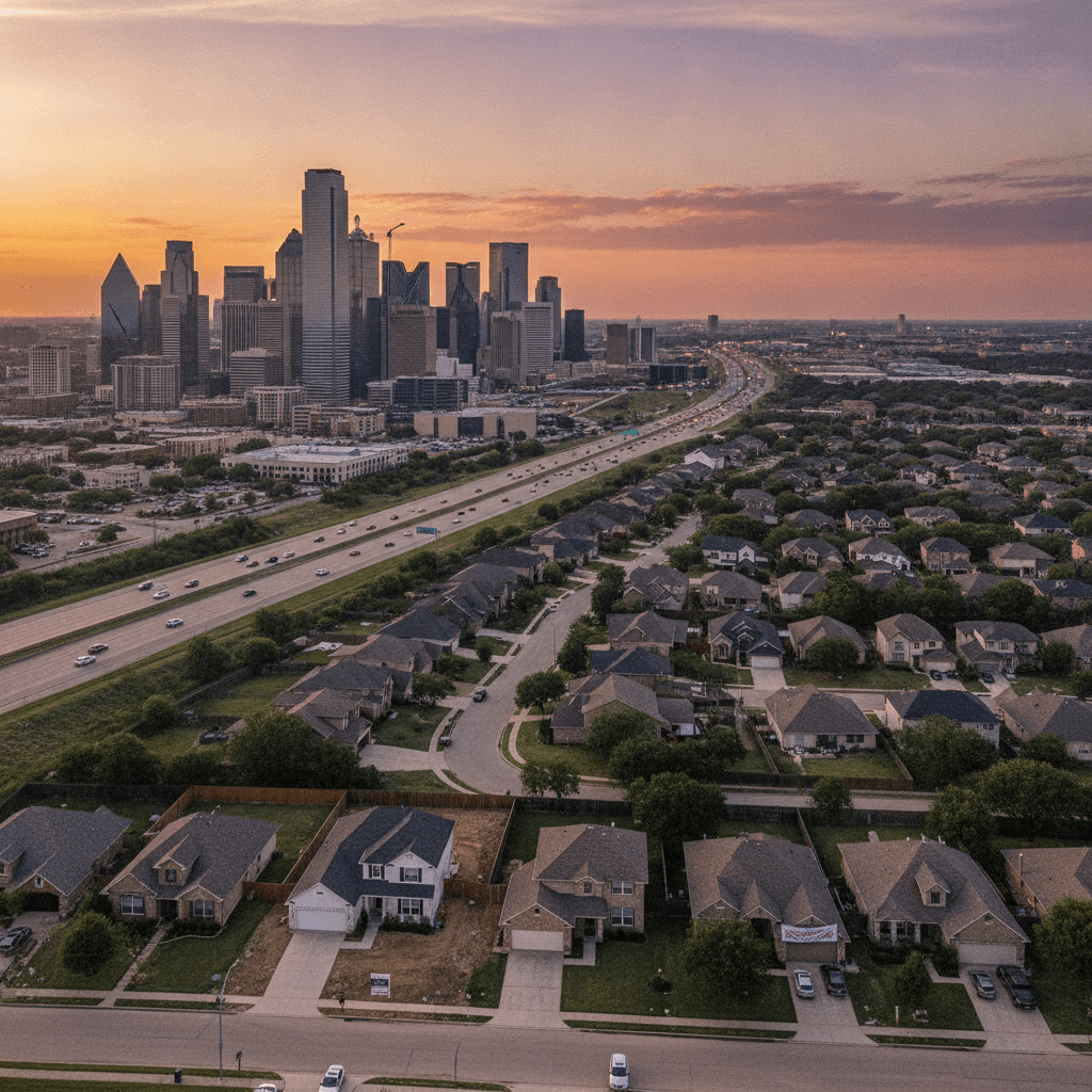 A wide-angle shot of the Dallas-Fort Worth skyline at sunset, with a mix of modern high-rises and suburban homes in t…