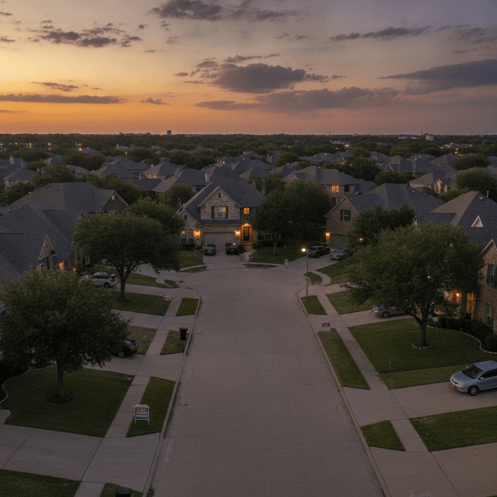 A wide-angle photo of a suburban Dallas-Fort Worth neighborhood at dusk, with 'For Sale' signs in several front yards…