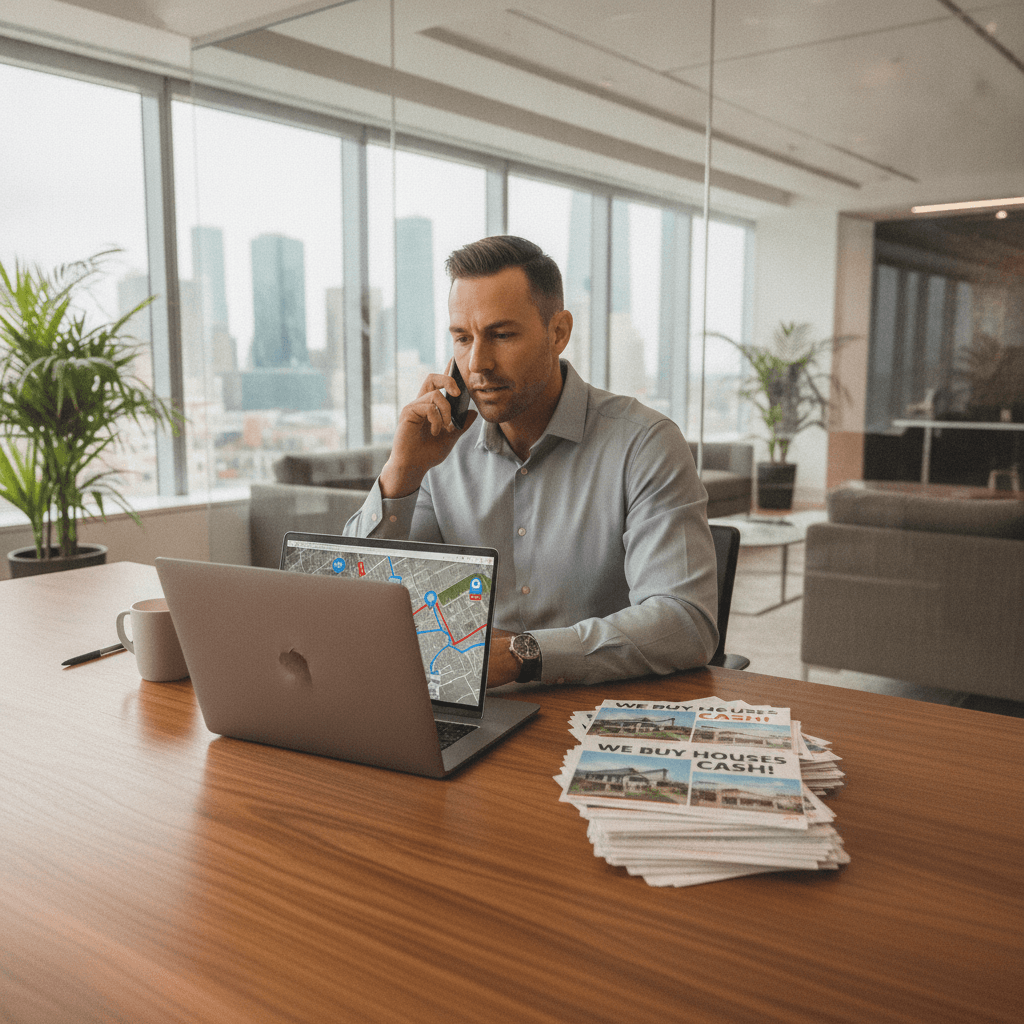 A real estate wholesaler at a desk with a laptop showing a map of properties, a phone in hand, and a stack of direct…