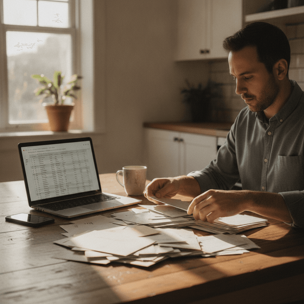 A real estate investor at a kitchen table sorting a stack of freshly printed postcards and letters, a laptop open to…