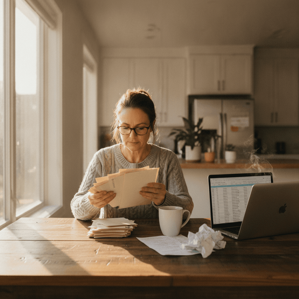 A real estate investor at a wooden kitchen table sorting a stack of addressed direct mail envelopes, a laptop open be…