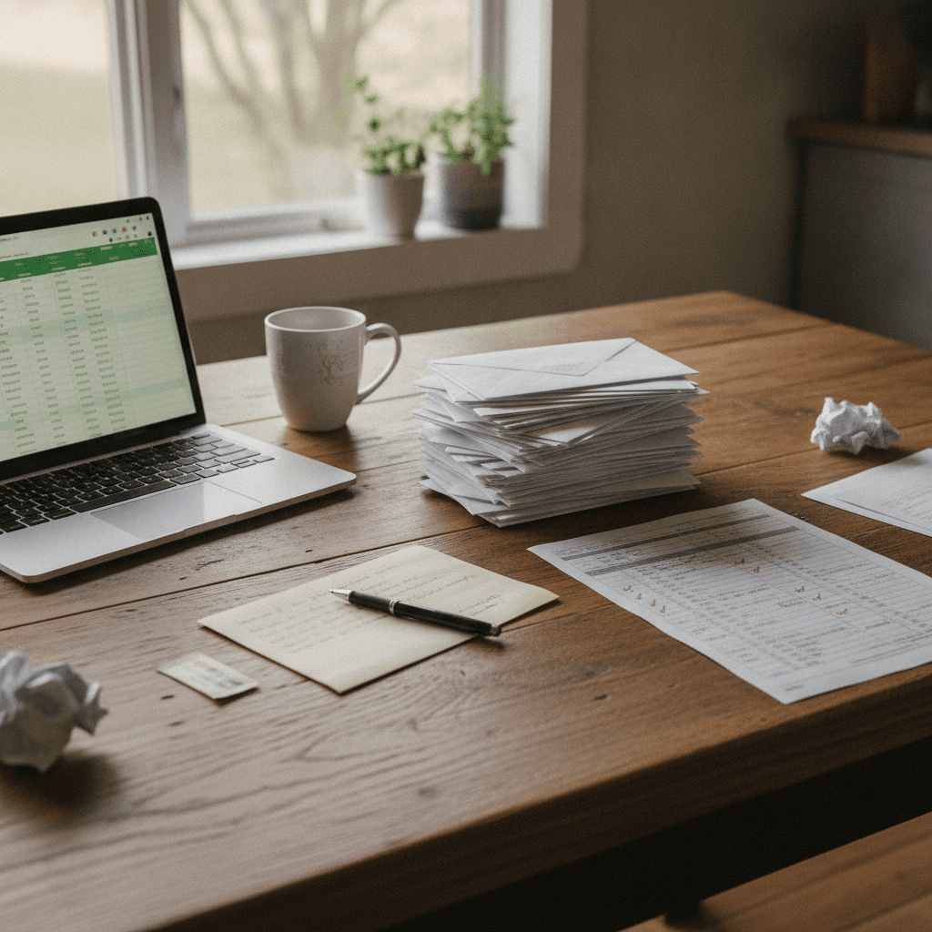 A real estate investor's kitchen table covered with a stack of addressed white envelopes, a printed mailing list with…
