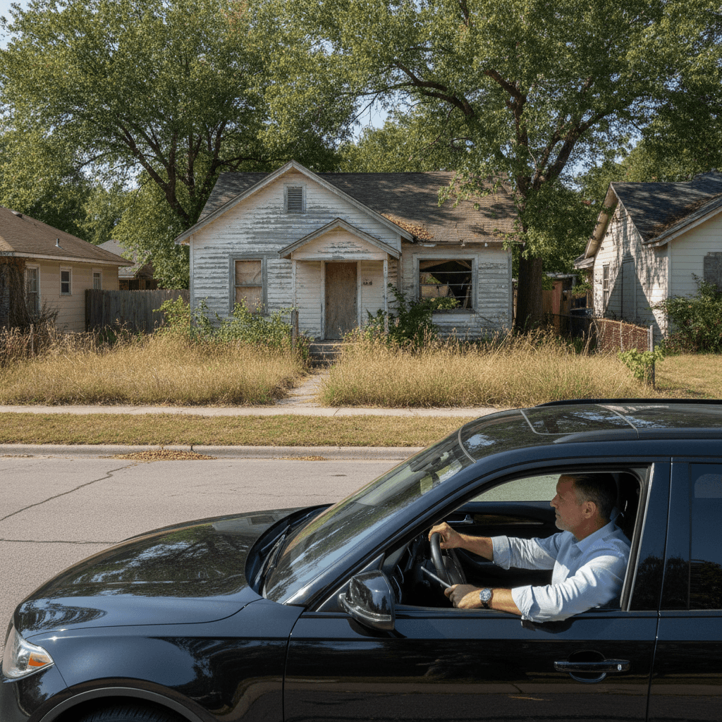 A real estate investor driving a car slowly through a residential neighborhood, looking at houses with overgrown lawn…