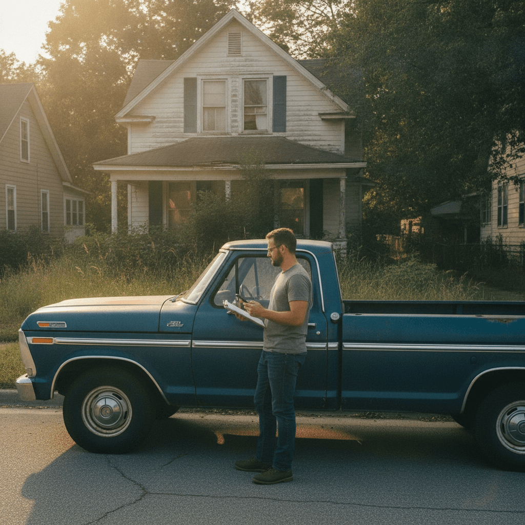 A real estate wholesaler in casual clothes standing beside an older pickup truck on a quiet suburban street at golden…