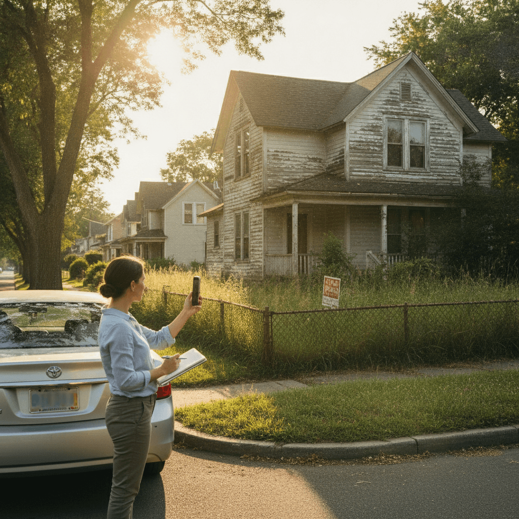 A real estate investor standing beside a parked car on a quiet suburban street, holding a smartphone and a notepad, p…