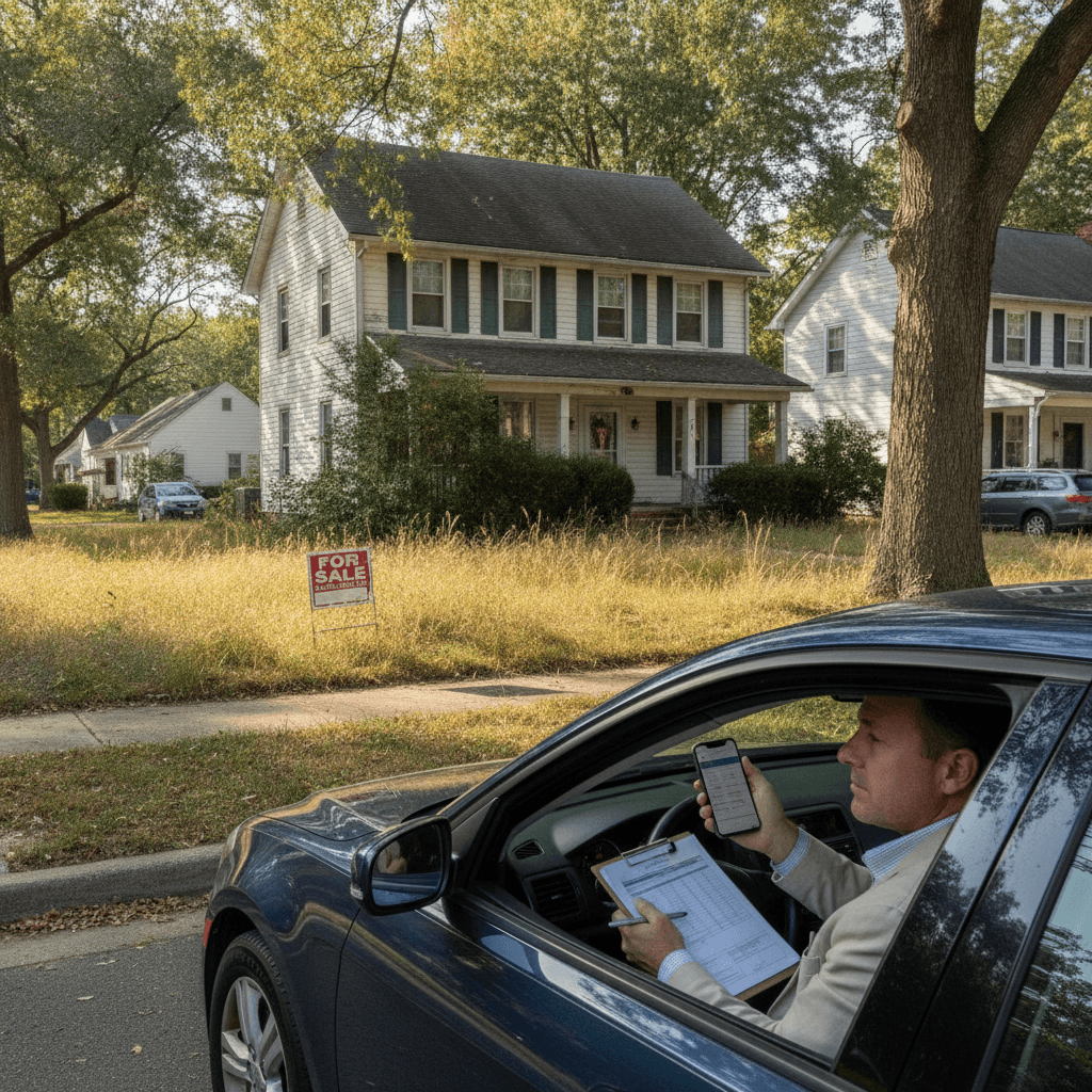 A real estate investor sitting in a parked car on a residential street, holding a smartphone and clipboard, looking a…