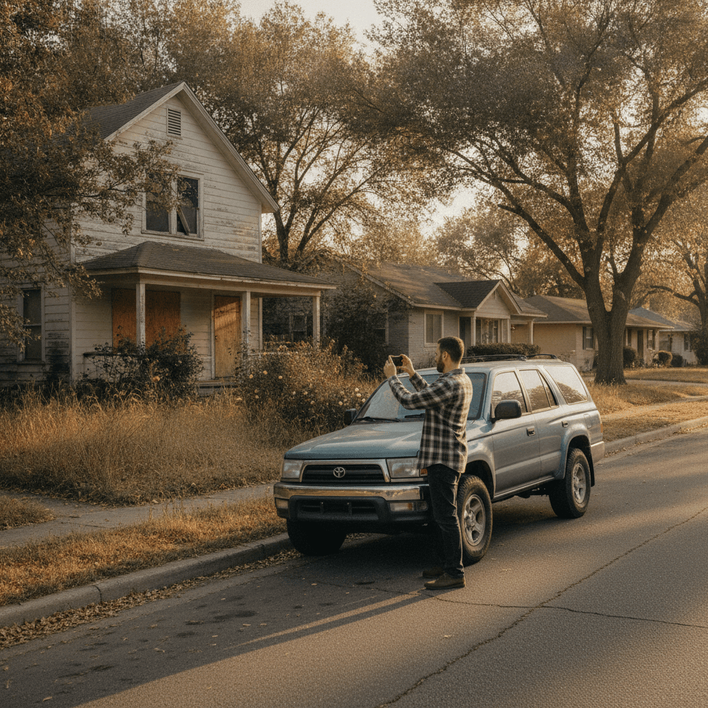 A real estate wholesaler in a casual shirt standing beside an older SUV on a quiet suburban street, holding a smartph…