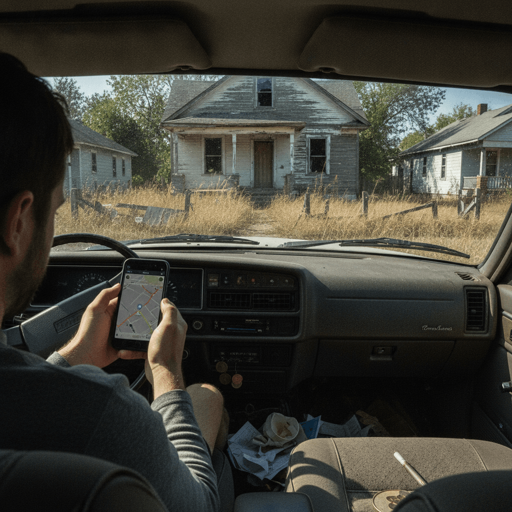 A person sitting in a car, looking at a smartphone with a map app open, with a distressed house visible through the w…