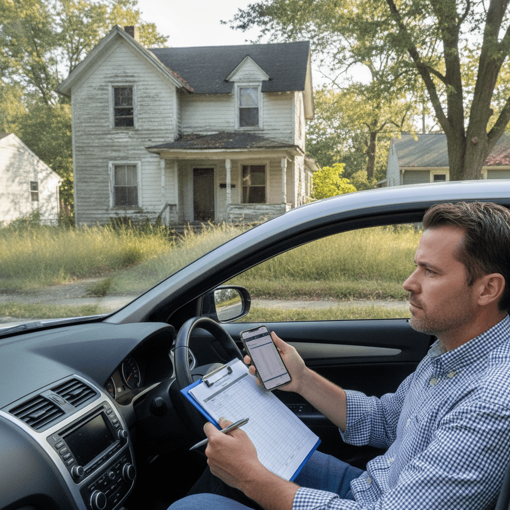 A real estate wholesaler sitting in a car, looking at a distressed house with overgrown lawn and peeling paint, holdi…