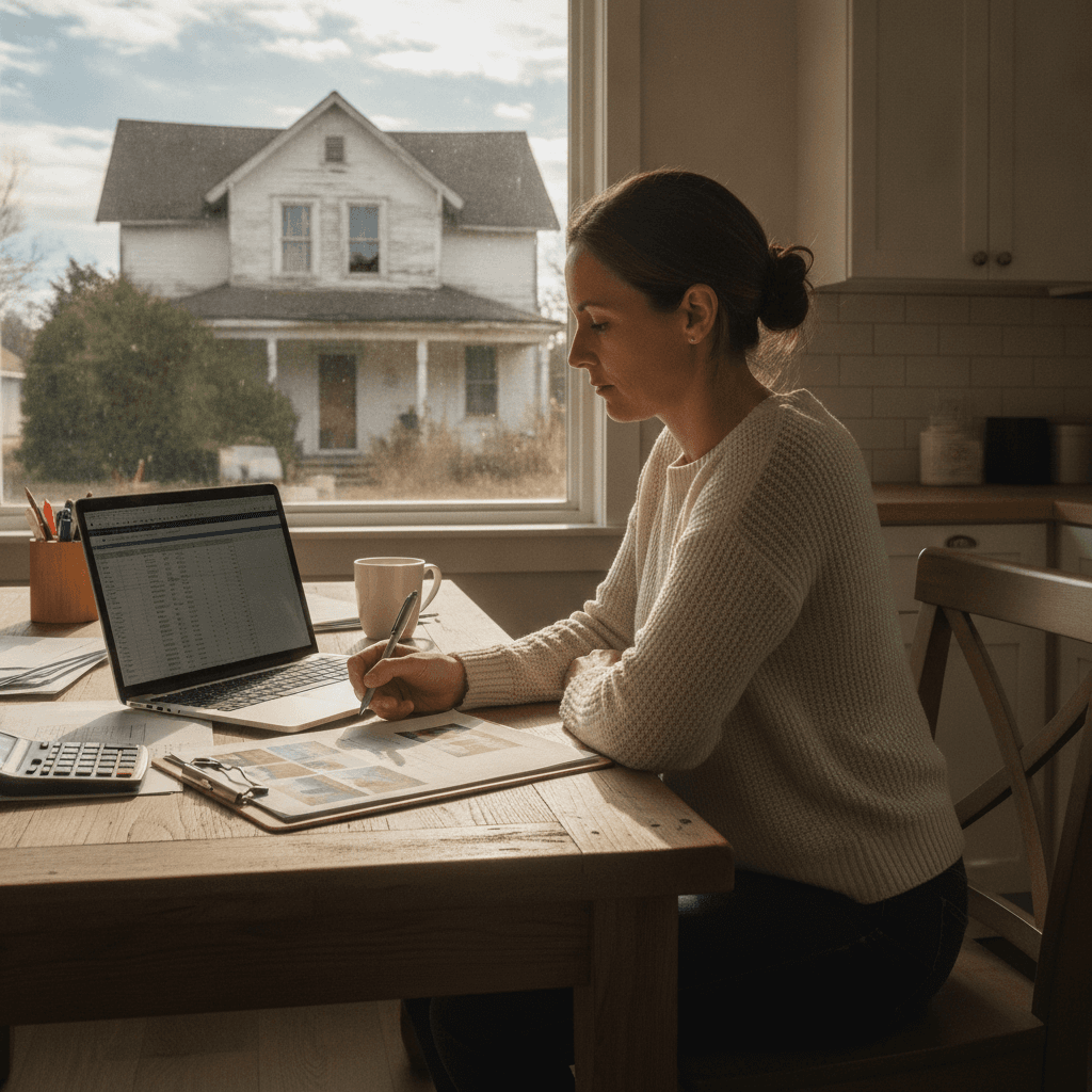 A real estate investor sitting at a kitchen table with a laptop, a clipboard of property photos, and a calculator, re…