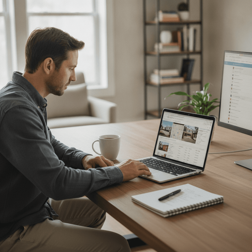 A real estate wholesaler at a laptop in a home office, reviewing property listings and comps on screen, with a cup of…