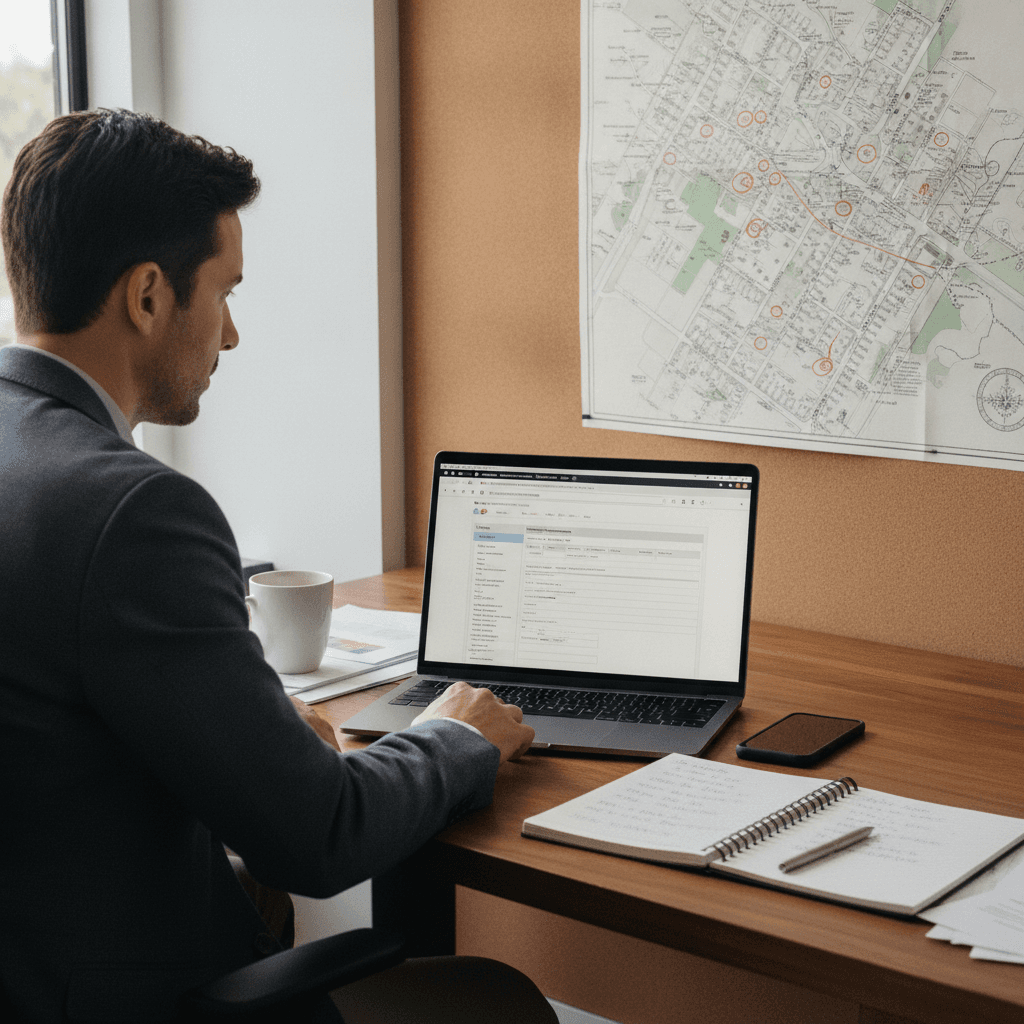 A real estate wholesaler sitting at a desk with a laptop, phone, and a notepad with property addresses, looking up co…