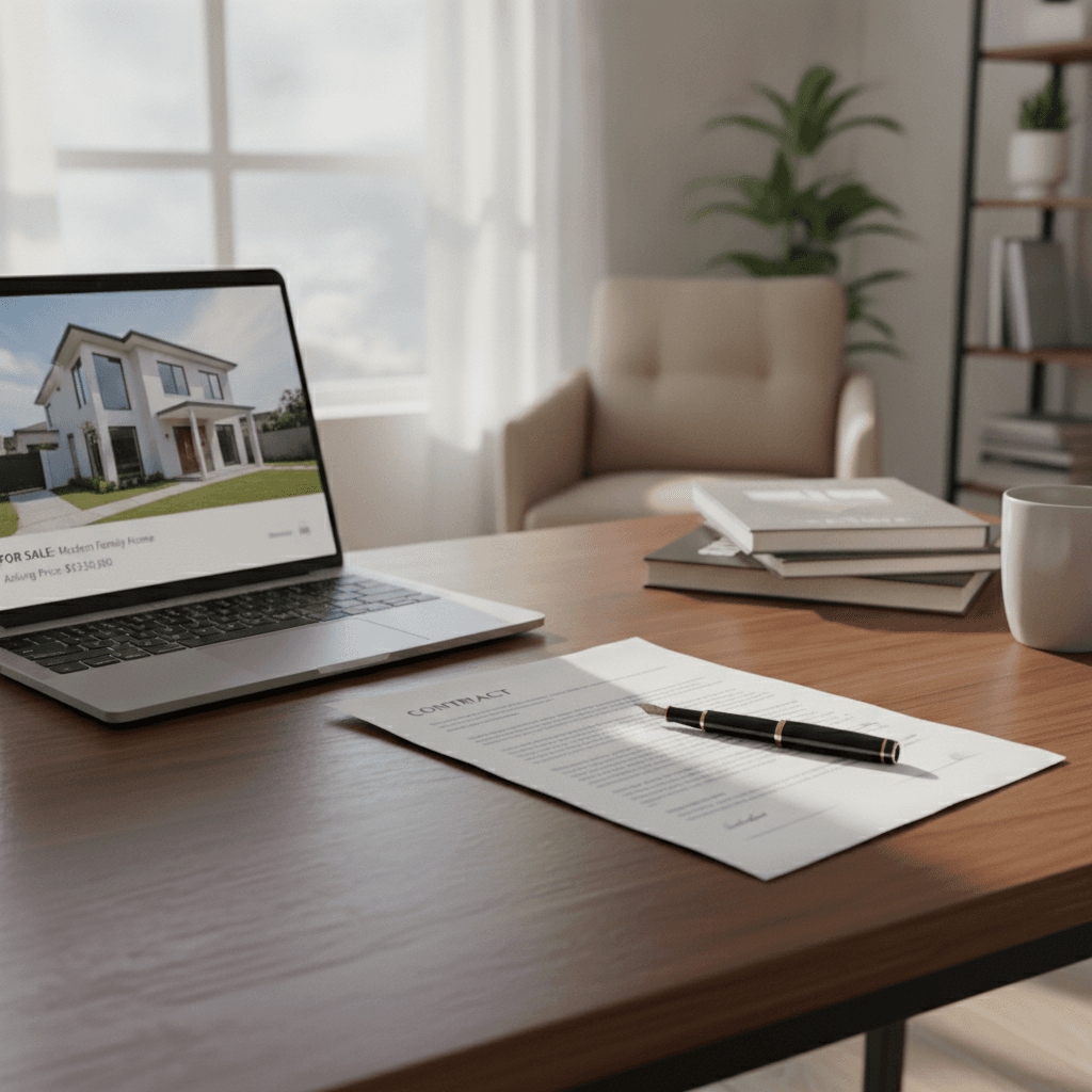 A real estate investor's desk with a printed contract, pen, and laptop showing a property listing, in a bright home o…