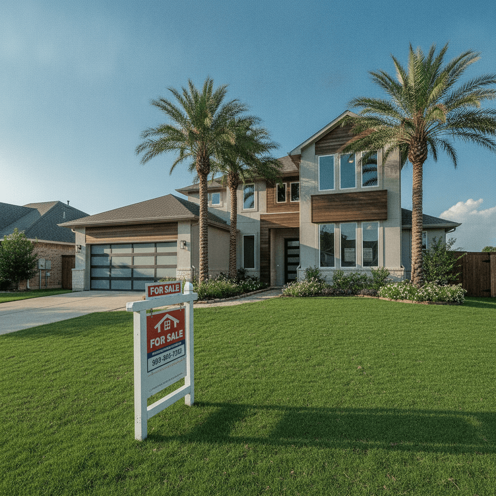 A modern suburban house in Houston with a 'For Sale' sign in the front yard, bright sunny day, green lawn, palm trees…