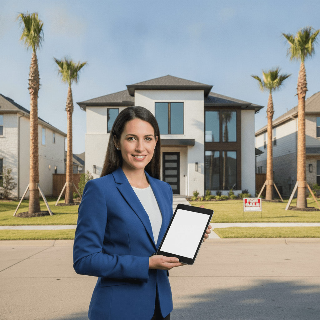 A real estate agent or investor standing in front of a modern Houston home with a 'For Sale' sign, holding a tablet s…