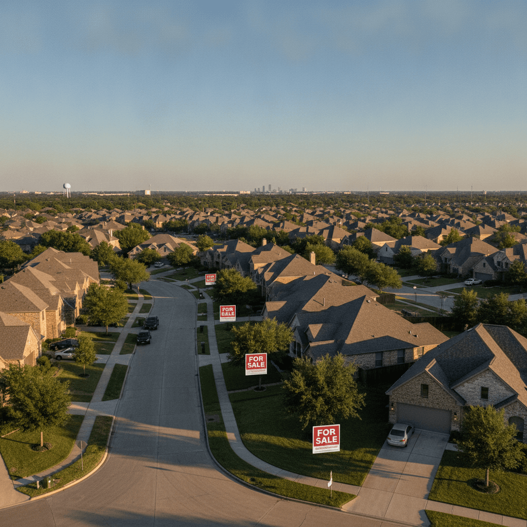 A wide-angle photo of a Houston suburban neighborhood with for-sale signs in front of several houses, clear blue sky,…