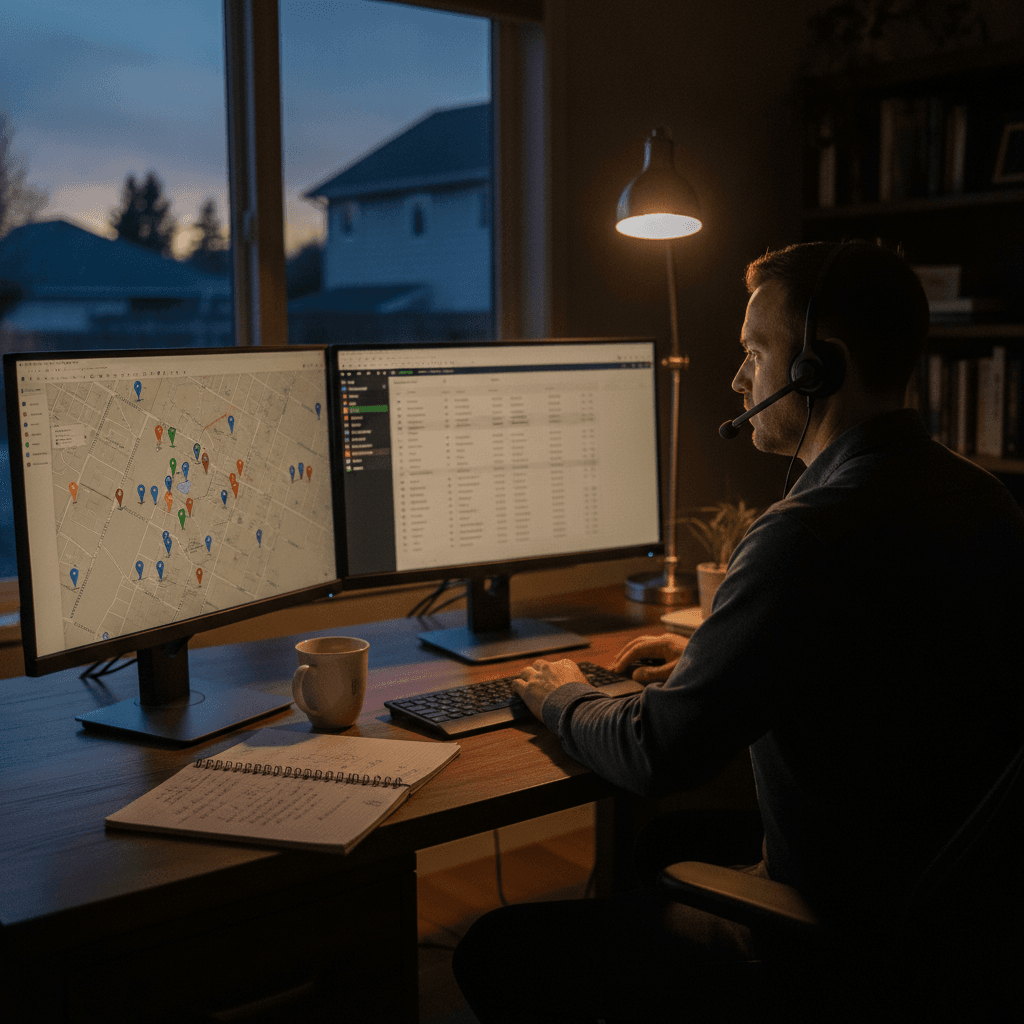 A real estate wholesaler in a home office at dusk, wearing a headset and looking at two monitors — one showing a prop…