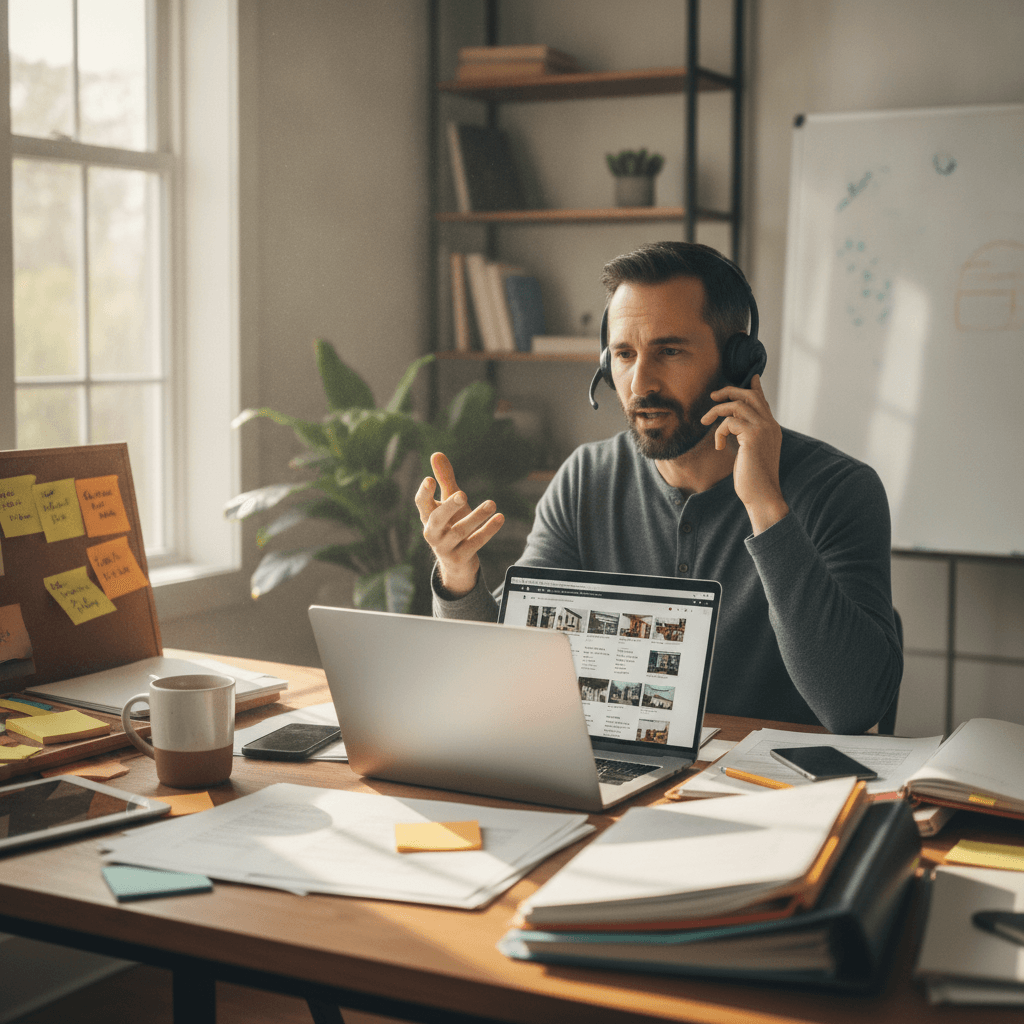 A realistic photo of a real estate wholesaler at a cluttered desk, talking on a headset phone while reviewing propert…