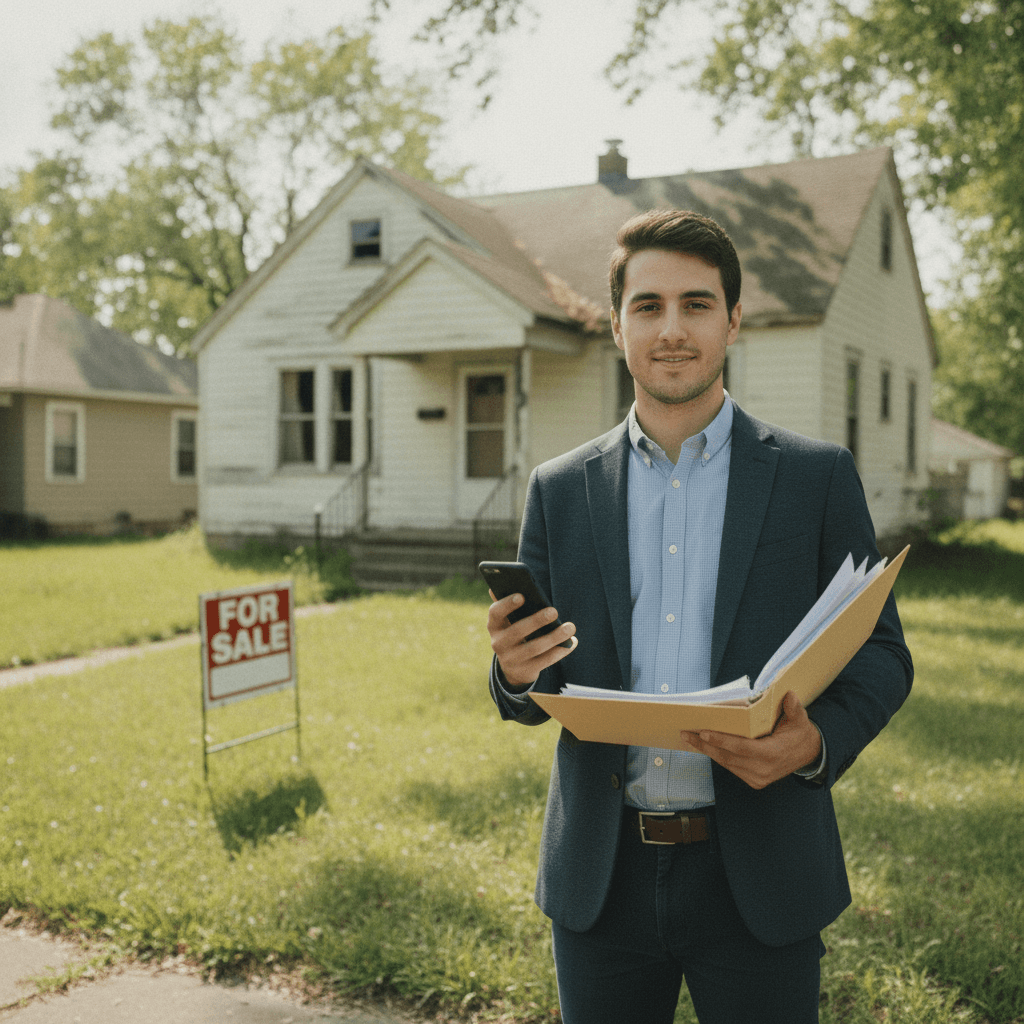 A realistic photo of a real estate wholesaler, a young man in casual business attire, standing in front of a distress…