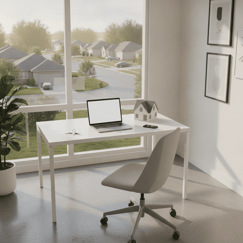 A home office desk with a laptop, house keys, and a small model house, a suburban neighborhood visible through the window