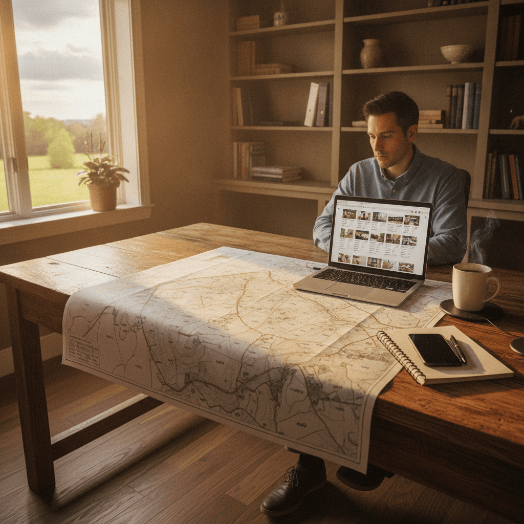 A real estate investor sitting at a wooden desk in a home office, reviewing a printed plat map of rural land parcels…