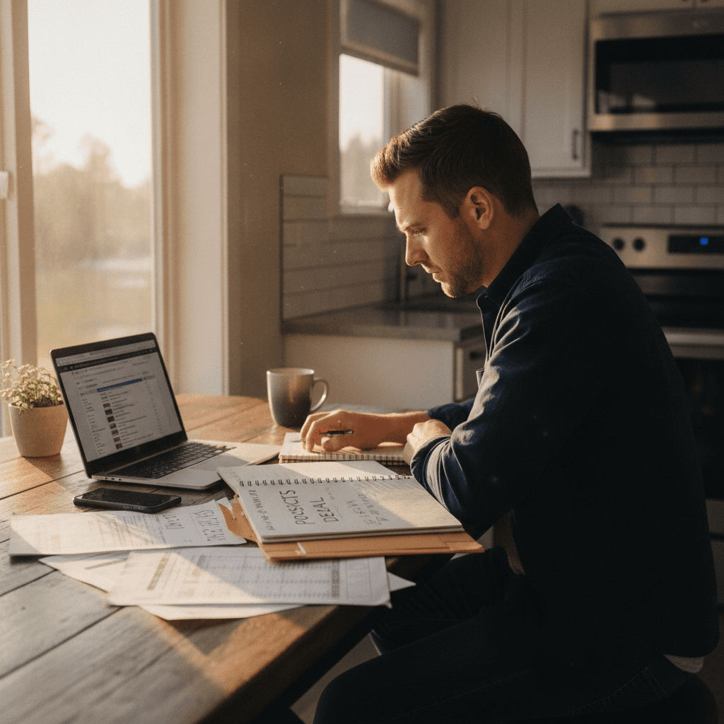 A real estate wholesaler in casual business attire sitting at a kitchen table with a laptop, notebook, and phone, rev…