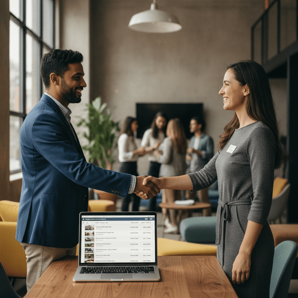 A real estate investor at a local meetup, shaking hands with another investor, with a laptop showing a list of proper…