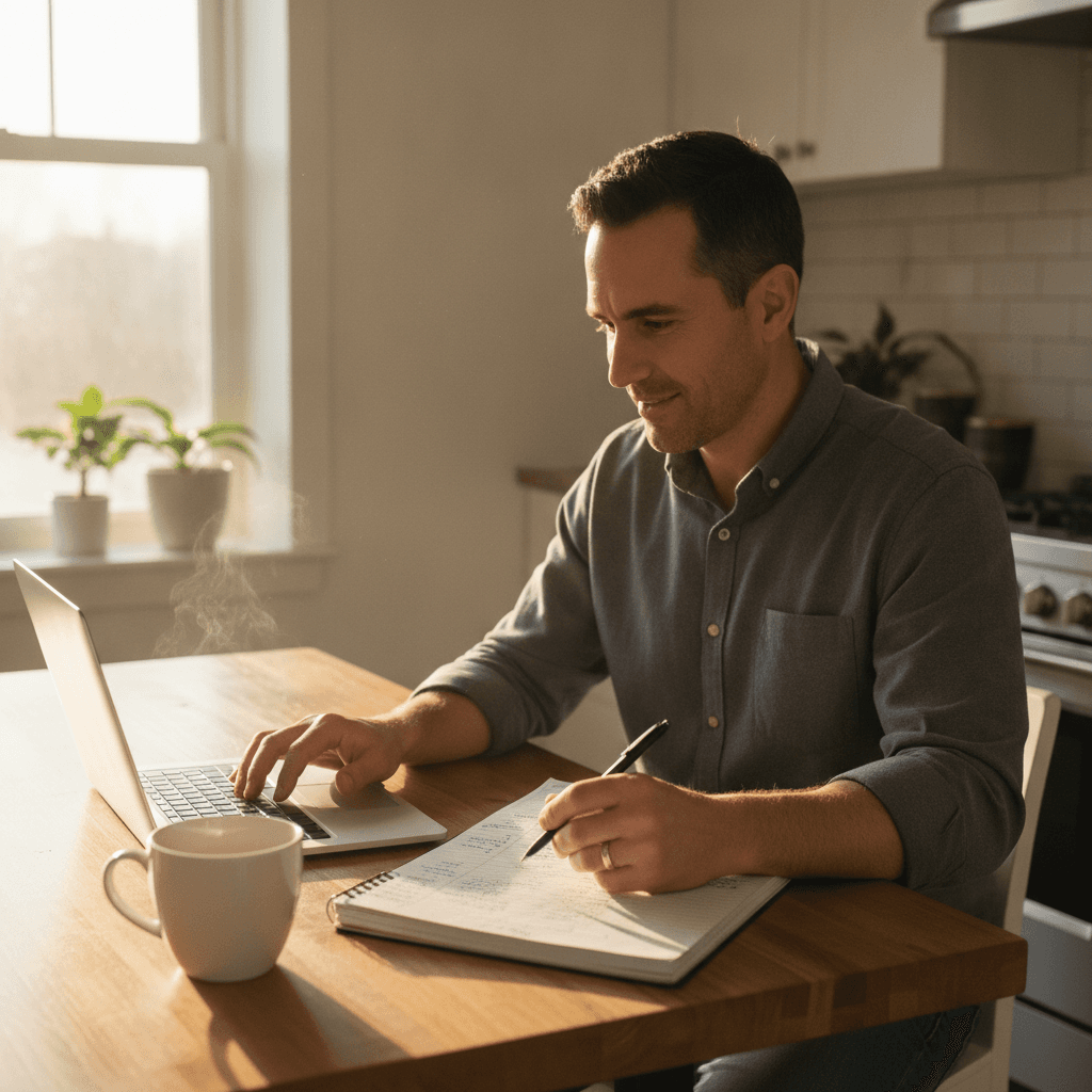 A real estate wholesaler sitting at a kitchen table with a laptop, a notebook full of handwritten buyer names and pho…