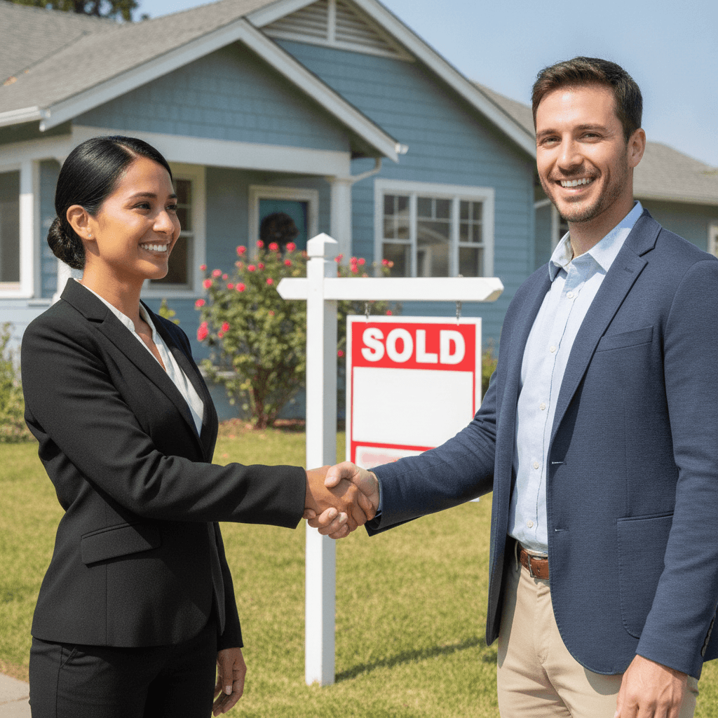 A confident real estate wholesaler shaking hands with an investor in front of a house with a sold sign, both smiling,…