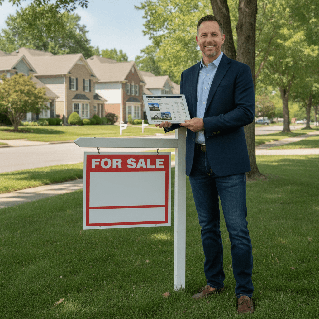 A real estate wholesaler in casual business attire stands next to a for-sale sign in a residential neighborhood, hold…