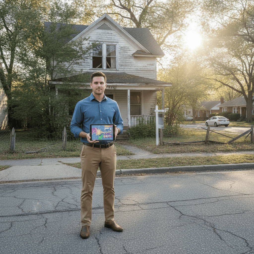 A real estate wholesaler in casual attire stands in front of a fixer-upper house, holding a tablet displaying propert…