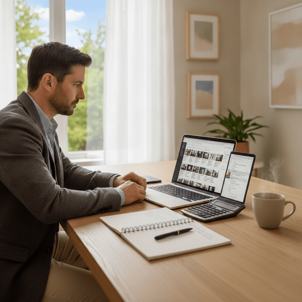 A real estate wholesaler sitting at a desk with a laptop showing property listings and a calculator, with a notebook…
