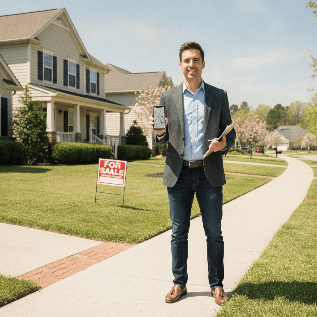A realistic photo of a person in casual business attire standing in front of a house with a 'For Sale' sign, holding…