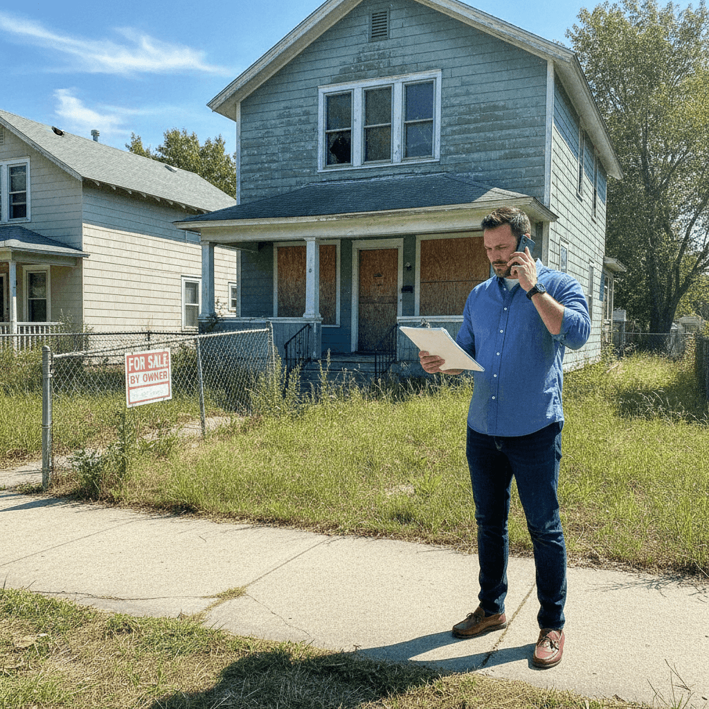 A real estate investor in casual business attire stands in front of a distressed single-family home with a 'For Sale'…