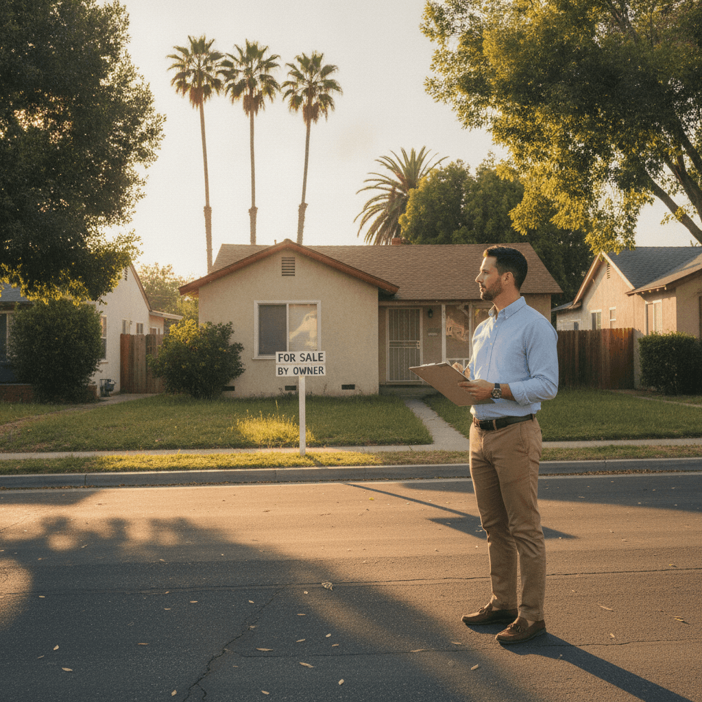 A real estate wholesaler standing on a sunny California suburban street, holding a clipboard and looking at a modest…