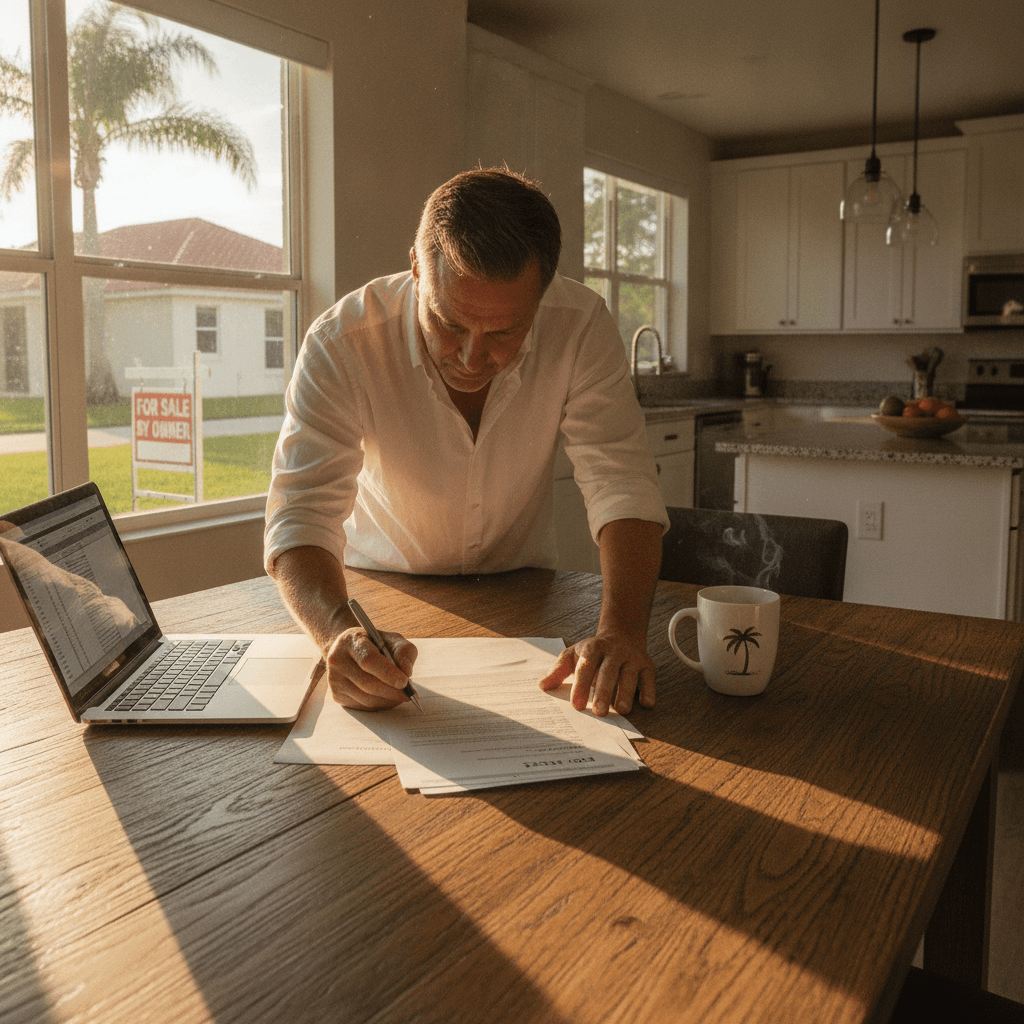 A real estate investor reviewing a contract at a kitchen table with a laptop and a cup of coffee, Florida sunlight st…