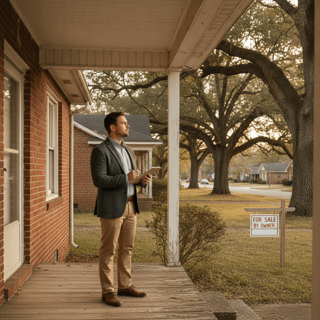 A real estate investor standing on the porch of a modest single-story brick house in a South Carolina neighborhood, c…