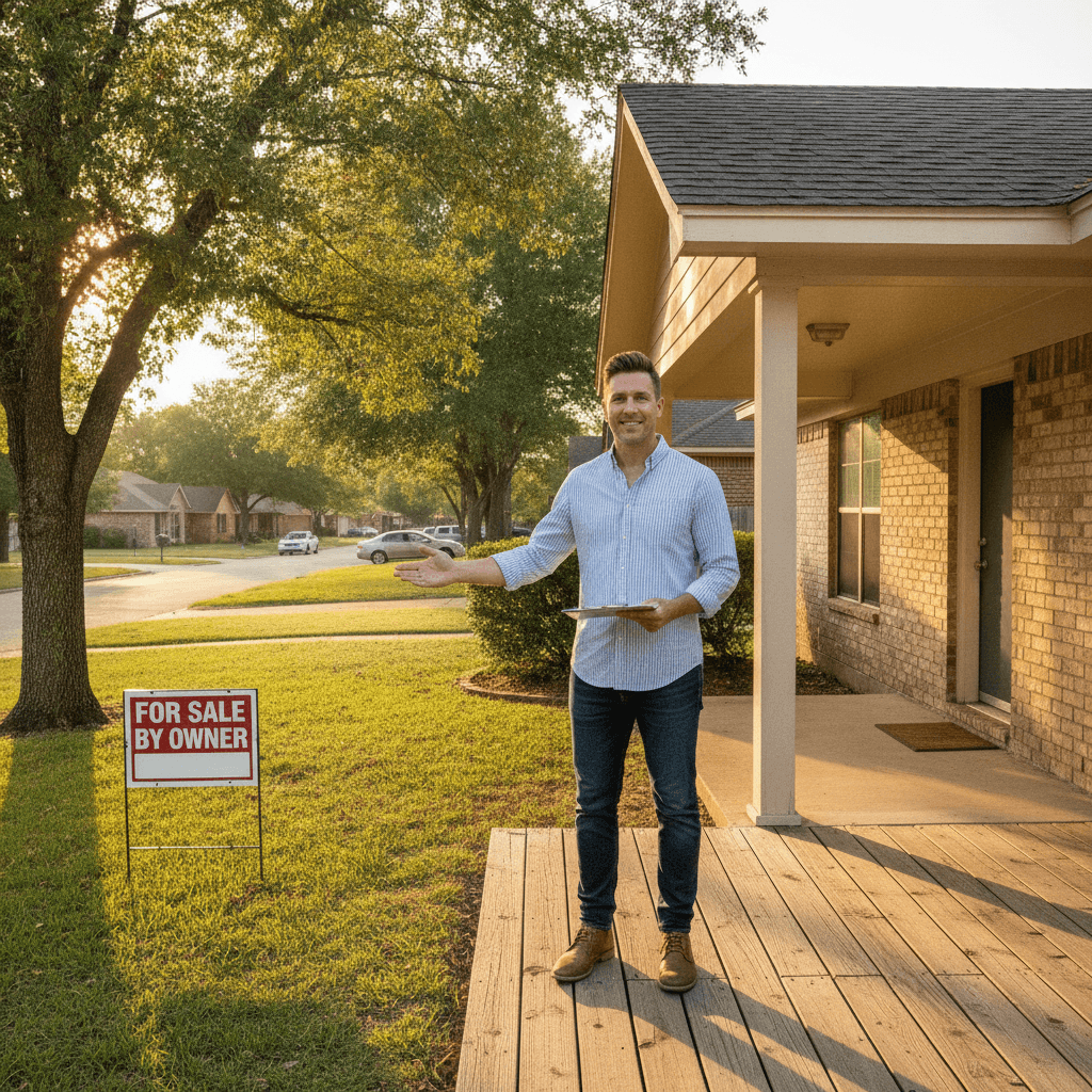 A real estate wholesaler in a casual button-down shirt standing on the porch of a modest single-story Texas home with…
