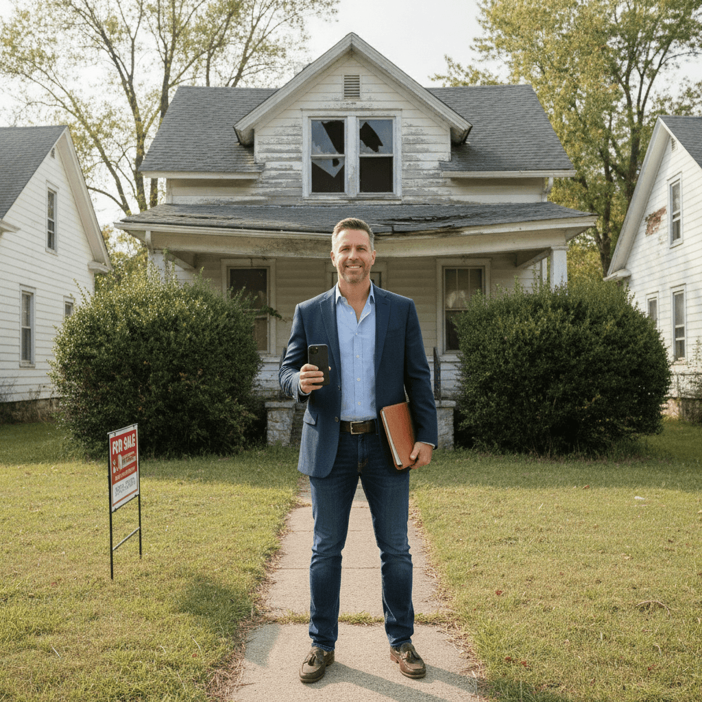 A real estate investor in casual business attire standing in front of a distressed single-family home with a 'For Sal…
