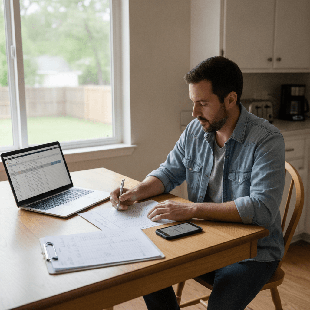 A real estate wholesaler in casual clothes sitting at a kitchen table with a laptop, a clipboard of property comps, a…