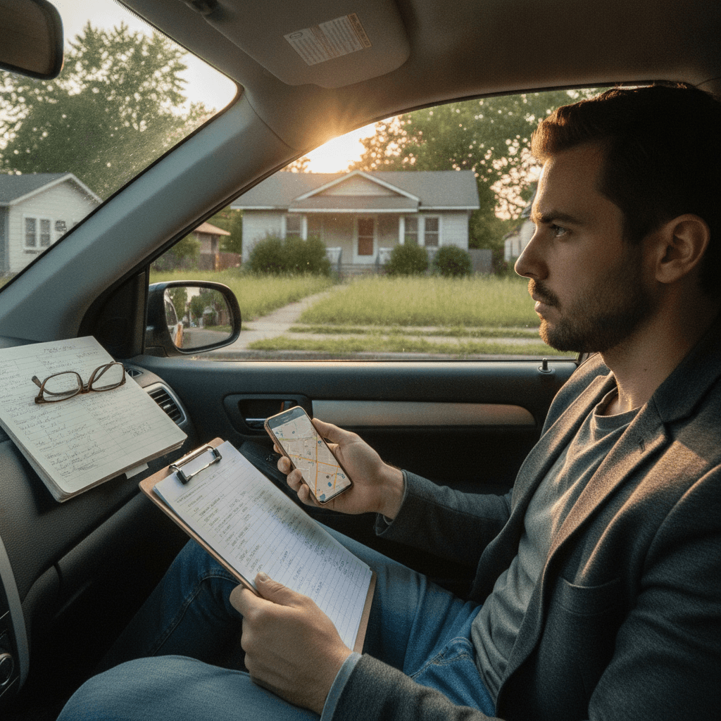 A realistic photo of a young real estate investor sitting in a parked car on a residential street at golden hour, hol…