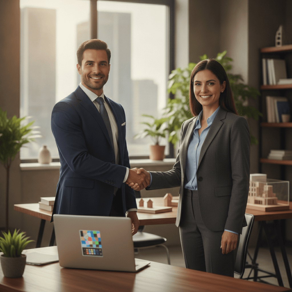 A professional real estate wholesaler in business attire shaking hands with an institutional investor in a modern off…