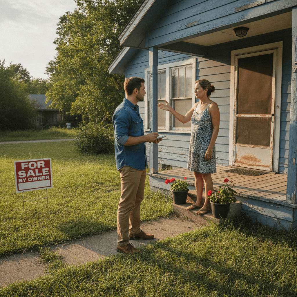 A realistic photo of a real estate investor in casual clothes talking to a homeowner on the porch of a modest house,…