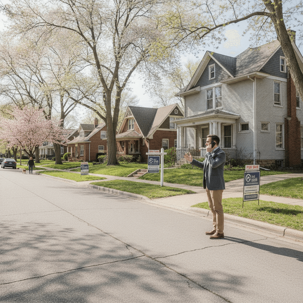 A residential street in Indianapolis with a mix of houses, some with 'For Sale' signs, on a sunny spring day