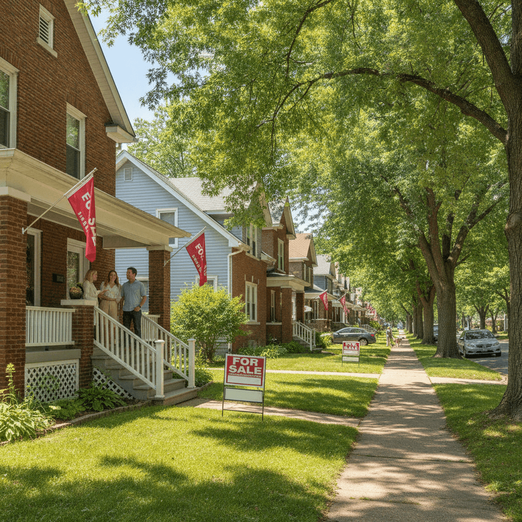 A wide-angle photo of a residential street in Indianapolis with several 'For Sale' signs visible, taken on a sunny su…